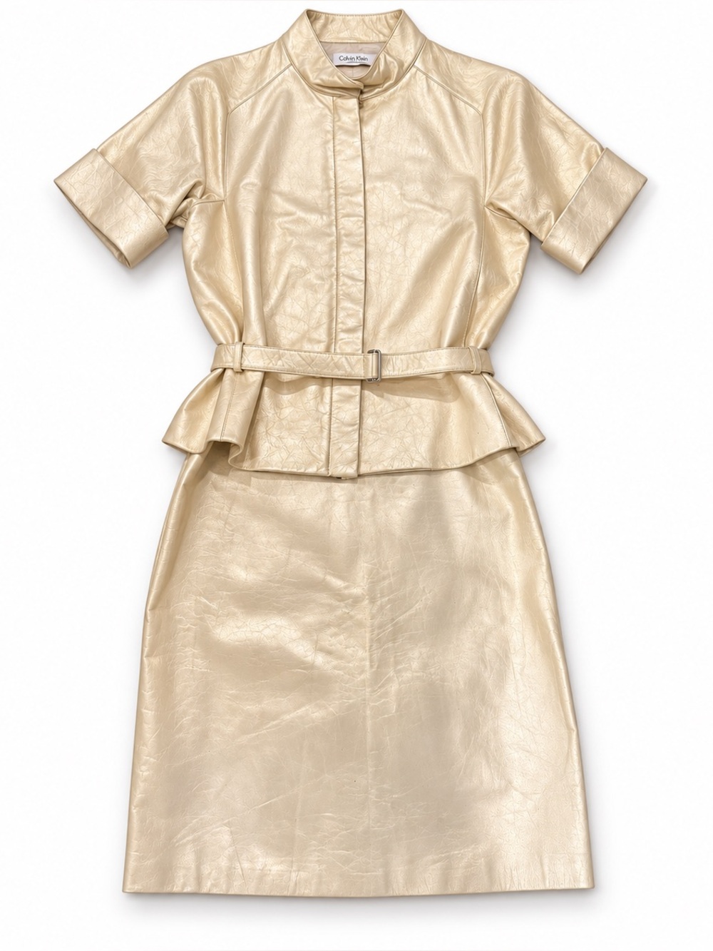 Vintage Calvin Klein Collection Champagne Gold Calfskin Leather Skirt Suit